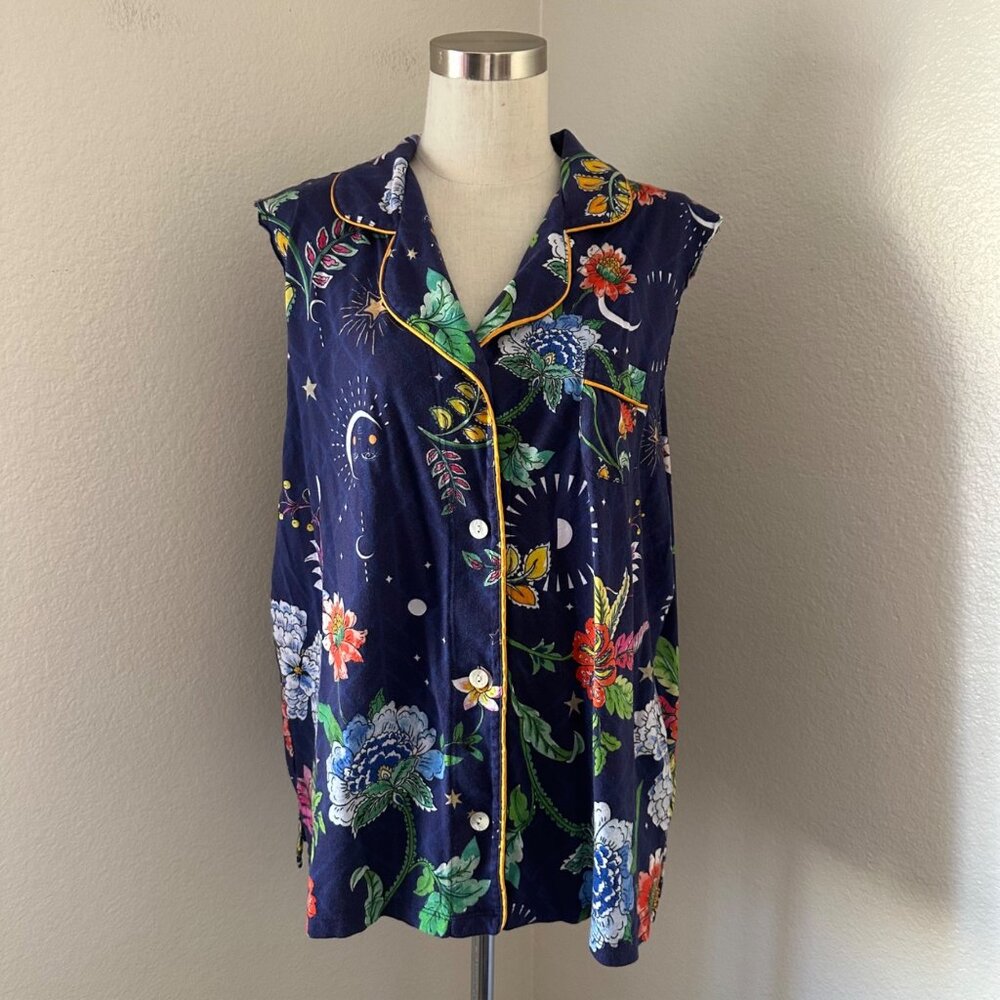 Johnny Was Pima Cotton Button Down Pajama Top Floral Natural Motifs Print